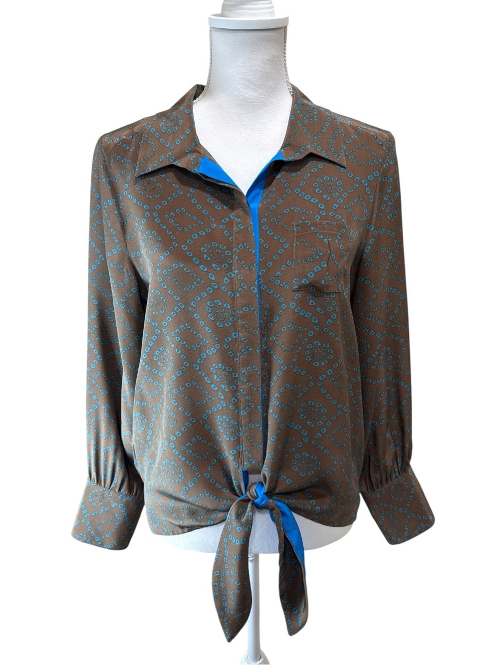 Greylin Silk Brown Button-Down Tie Front Blouse with Blue Accents- Size M